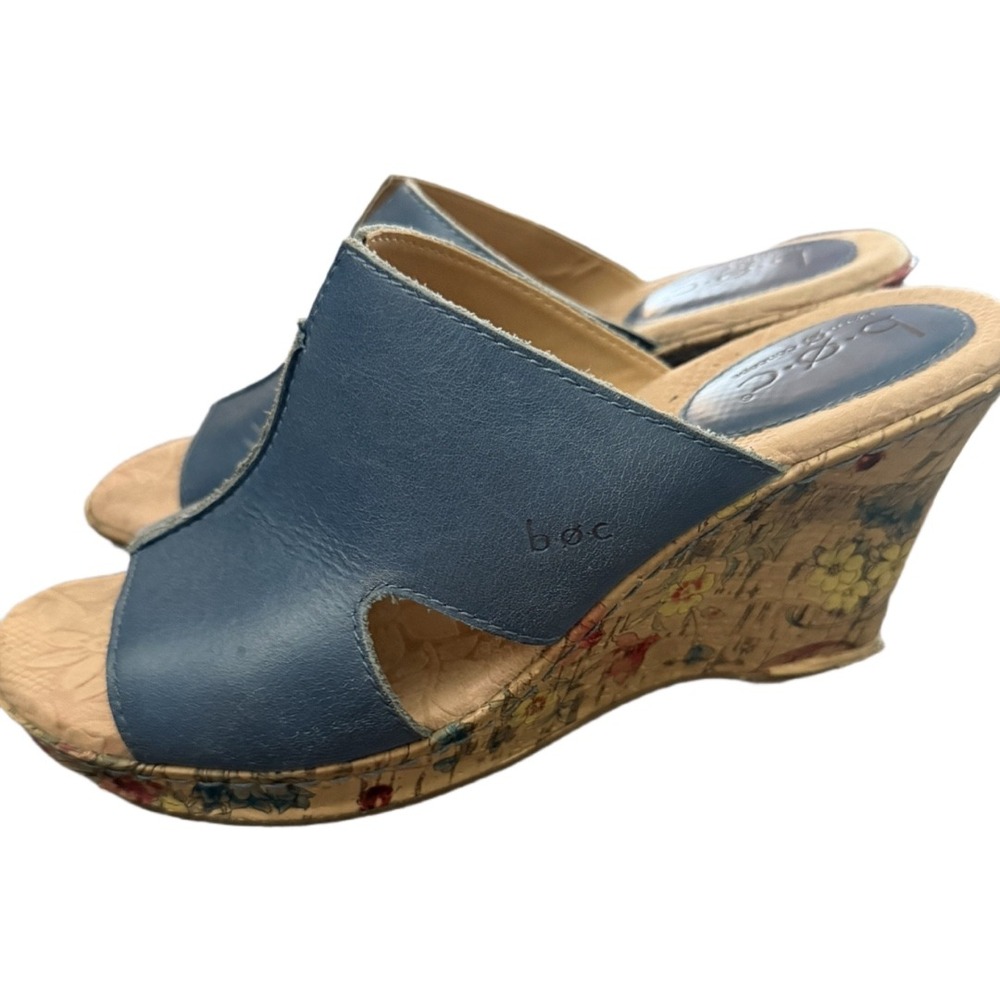 B.O.C. Born Concepts Eddie II Blue Leather Sandals Size 9 /40.5 Floral Cork Heel - Picture 3 of 9